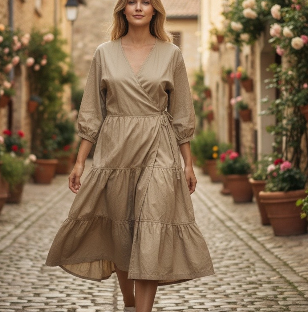 Sweet Baby Jamie Taupe Peasant Wrap Dress MEDIUM Cottage Ruffle Designer $276